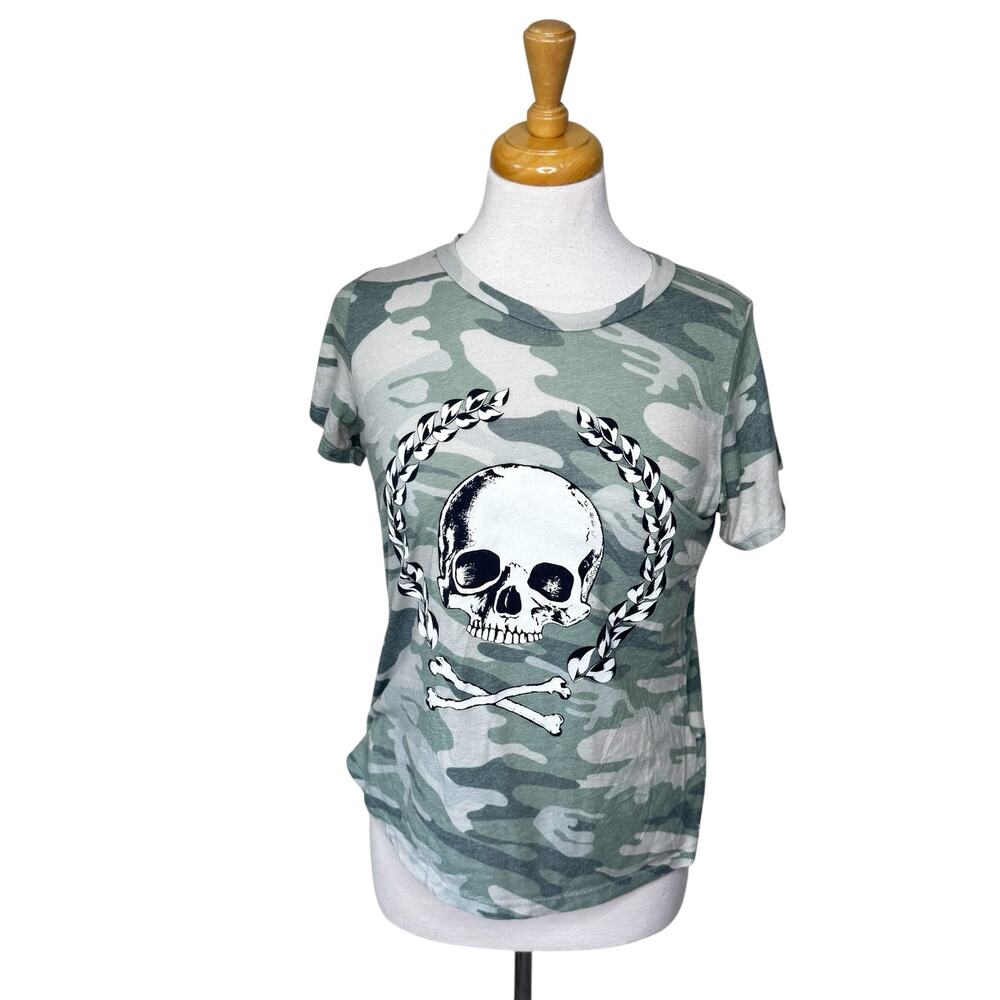 LAUREN MOSHI Beverly Hills Skull + Crossbones Camo Short Sleeve Shirt Green